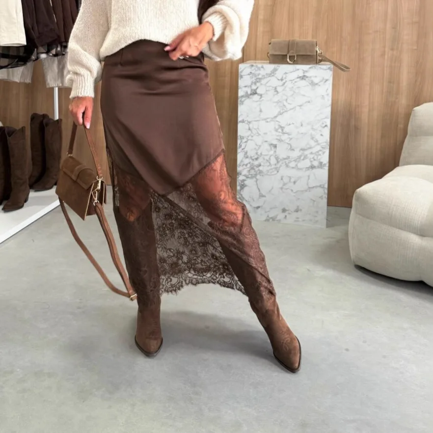 Women Elegant Patchwork Lace Skirts Fashion Cinched Waist Hollow Out Maxi Skirts 2025 Lady Brown Evening Party Sexy Club Skirts