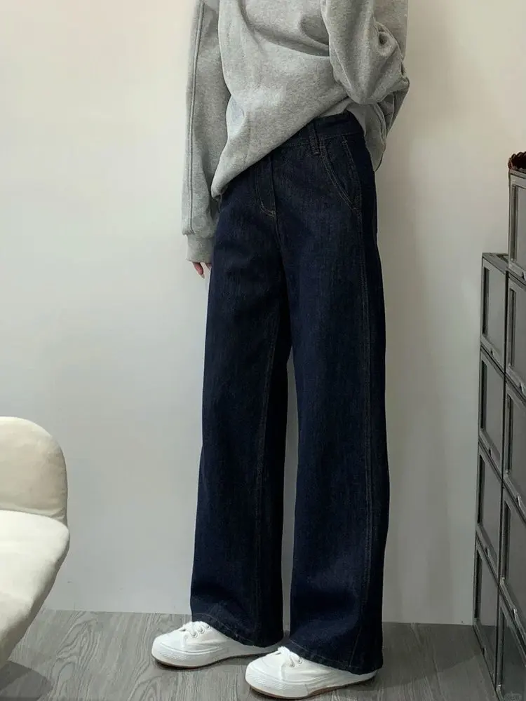 Jean à jambes larges doublé bleu profond pour femme, coupe ample, taille haute, coupe droite, automne hiver