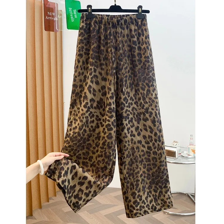 Retro American Silk Imitation Leopard Print High Waist Belted Straight Leg Casual Trousers Women's Long Trousers Summer Fashion