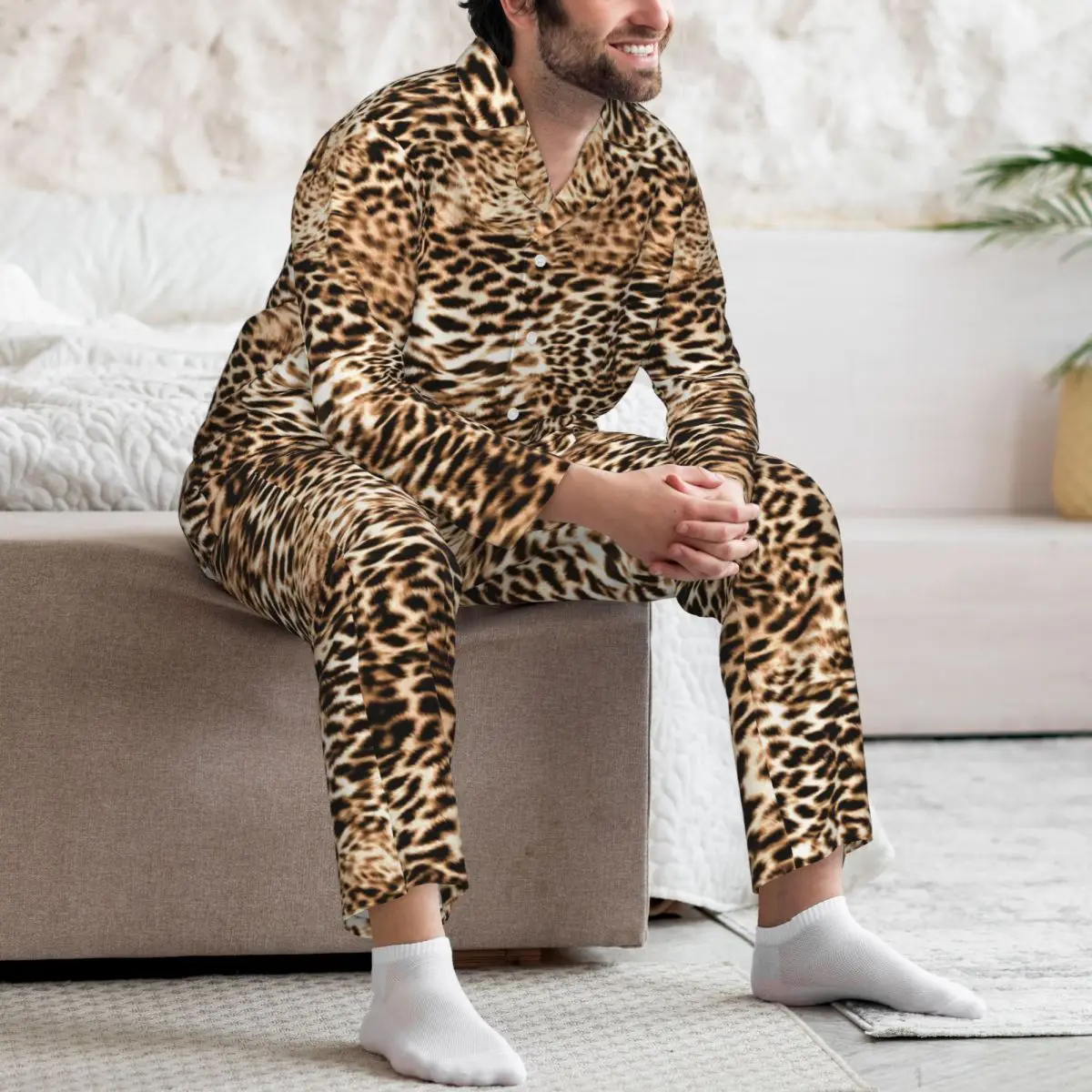 Men's Home Suits Long-sleeved Leopard Print Suits for Autumn and Winter Pajamas for Men