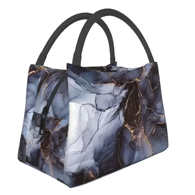 Luxurious Black And Grey Agate With Gold Texture Insulated Lunch Bags for Women Waterproof Thermal Cooler Lunch Box