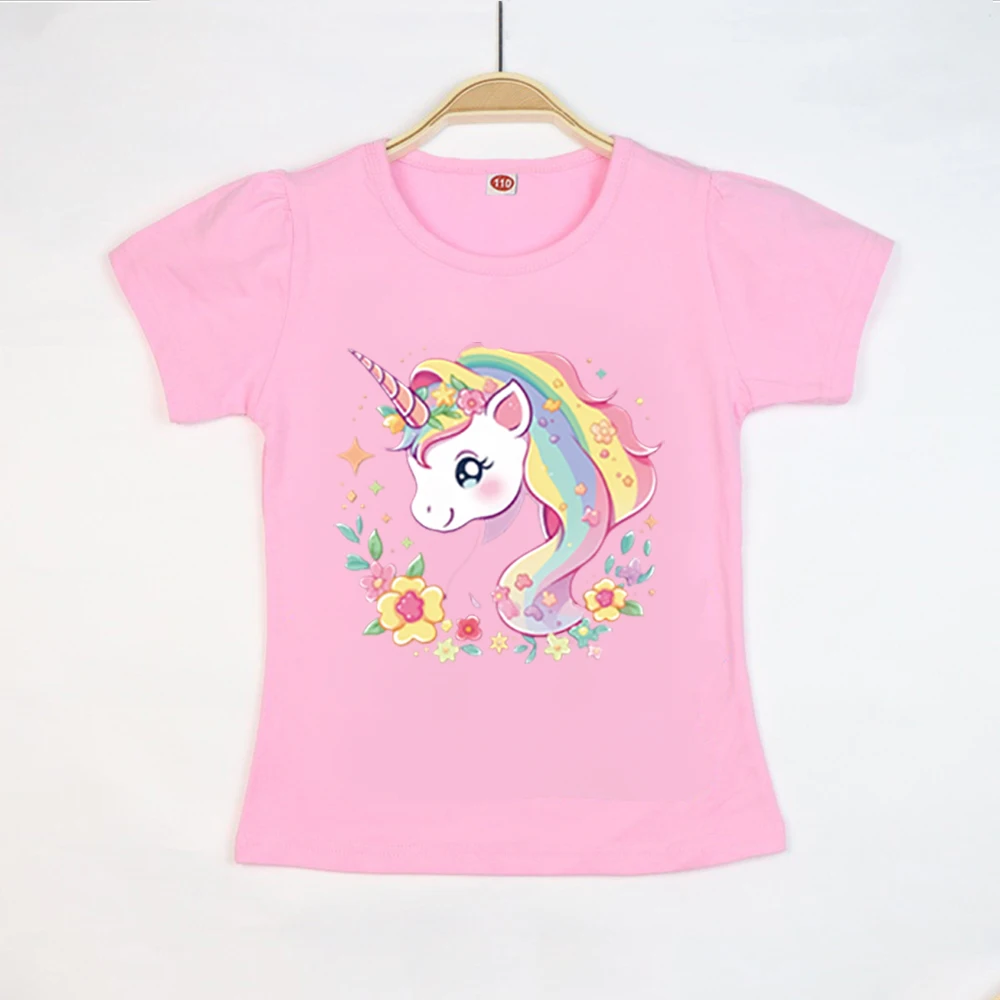 Einhorn-Sommer-T-Shirt aus Baumwolle für Kinder, kurzärmelig, lässig, modisch, kurzärmelig, trendige, weiche Mädchenkleidung, 2–10 Jahre – Detail 5
