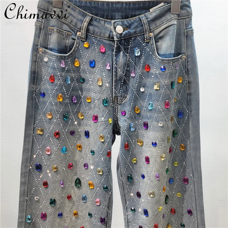 

Luxury Heavily Hand-stitched High-waisted Slim-fit Straight-leg Jeans with Colorful Gemstones Elegant Women's Streetwear Pants