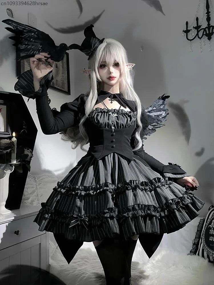 Streifen Top Kurzer Rock Halloween Thema Gefälschtes Zweiteiliges Outfit Gothic Lolita Dark Lolita Ballett Sle Damen Herbst Winter Set 2025