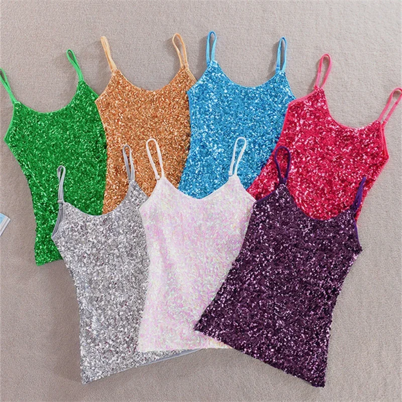 Sexy V Neck Solid Candy Colors Sequins Spaghetti Strap Tanks Crop Top Women Corset Tops Bling Camis Night Club Performance