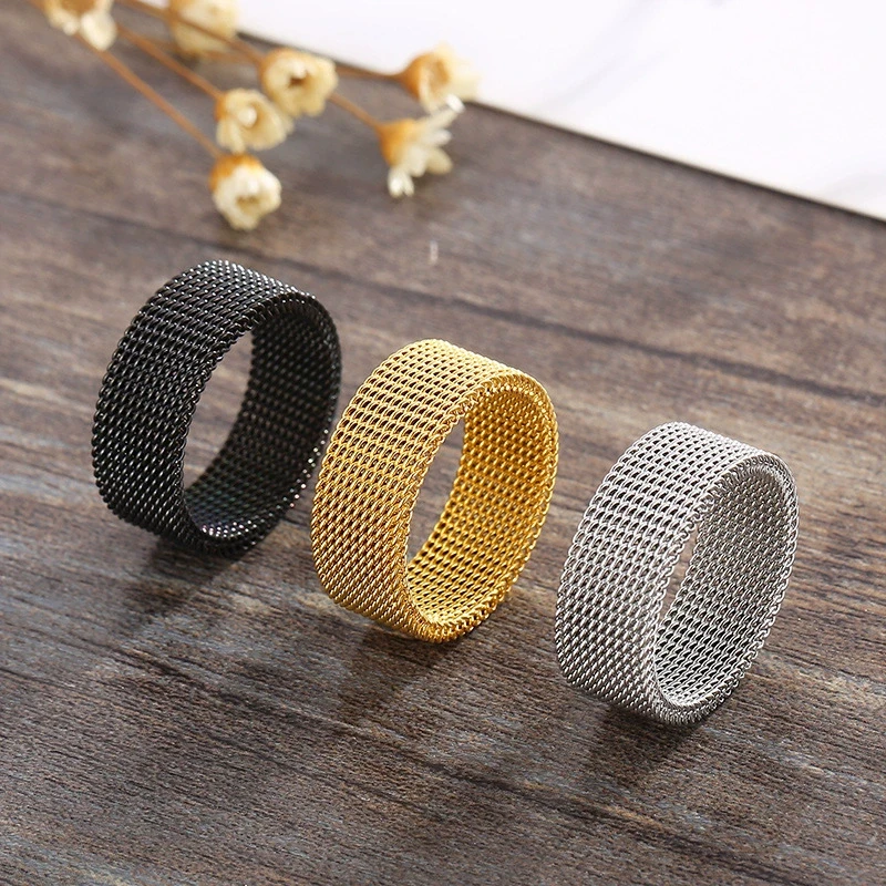 Hip Hop Stainless Steel Couple Ring Fashion Mesh Patterned Rings Simple Wedding Bands Women Men's Party Jewelry image 3