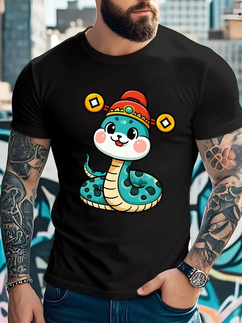 

2025 New Year Cartoon Snake God Pattern Print Men's T-shirt Summer Leisure Sports Vacation Round Neck Children Unisex Shirt Tops