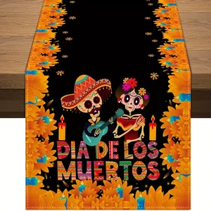 Día mexicano de los corredores de mesa de lino muerto México Dia de los Muertos Corredor de mesa de calavera de azúcar para la casa de la fiesta en casa Decoración de la mesa de comedor 10 mejores ventas de decoración de calavera de azúcar - №7
