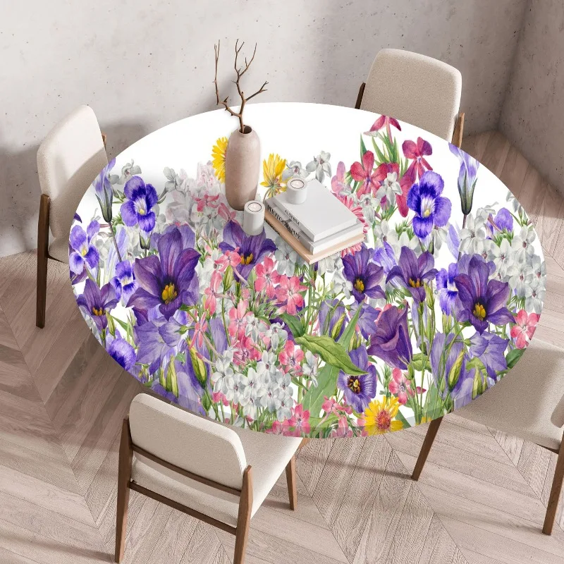 Stretch Fitted Floral Print Round Table Cloth Elastic Edge Waterproof Heat Resistant Dining Table Cover for Kitchen Wedding
