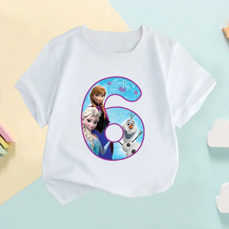 Frozen Elsa Anna Princess Number Bow Print Kids Tshirt Girls Clothes 1 2 3 4 5 6 7 8 9 Years Birthday Baby Boys T-Shirts,HKP2453