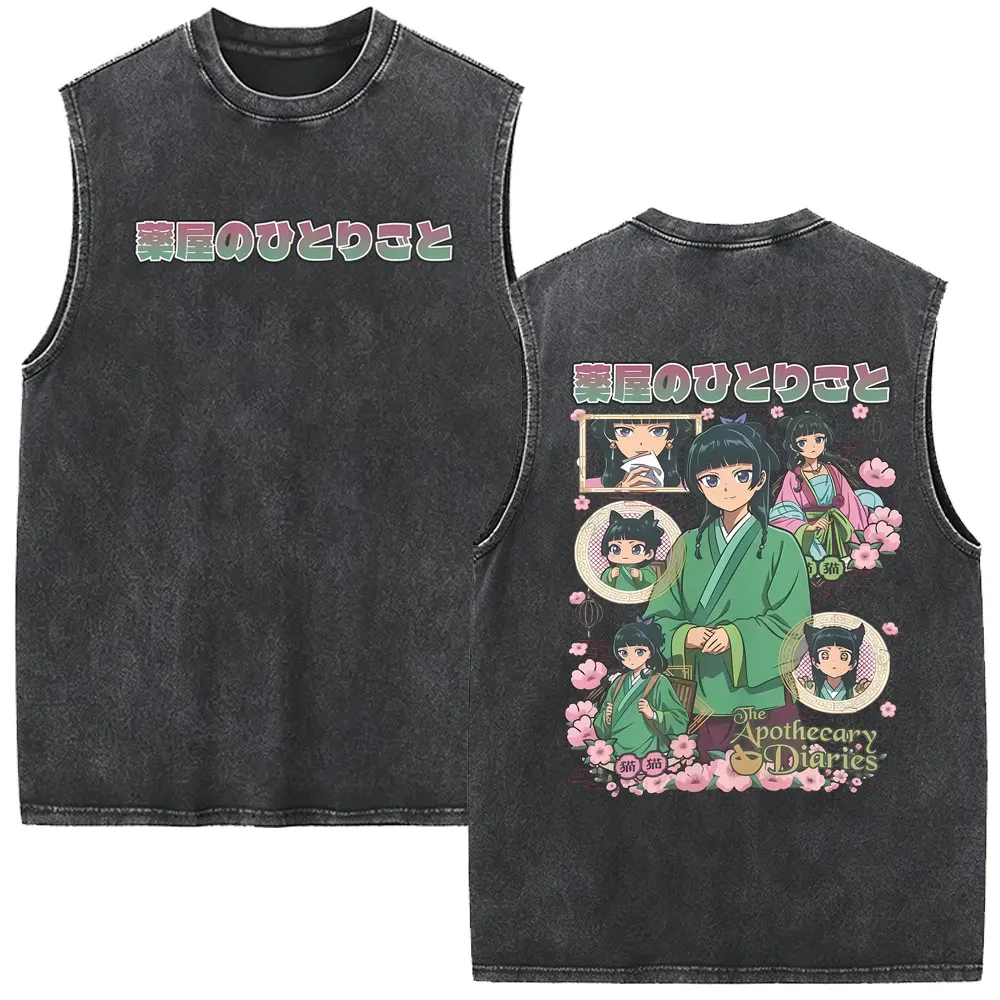 Japanese Anime The Apothecary Diaries Maomao Vintage Washed Tank Tops Men Women Casual Funny Oversized Sleeveless Vest T-shirt