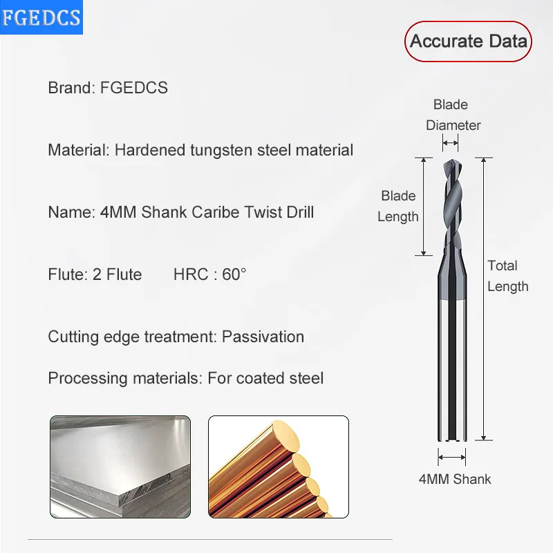 Karbür Alaşımlı Matkap Tungsten Çelik Sert Paslanmaz Büküm Ucu D4mm Shank Mikro çaplı Katı Monolitik Metal Matkap CNC Makinesi