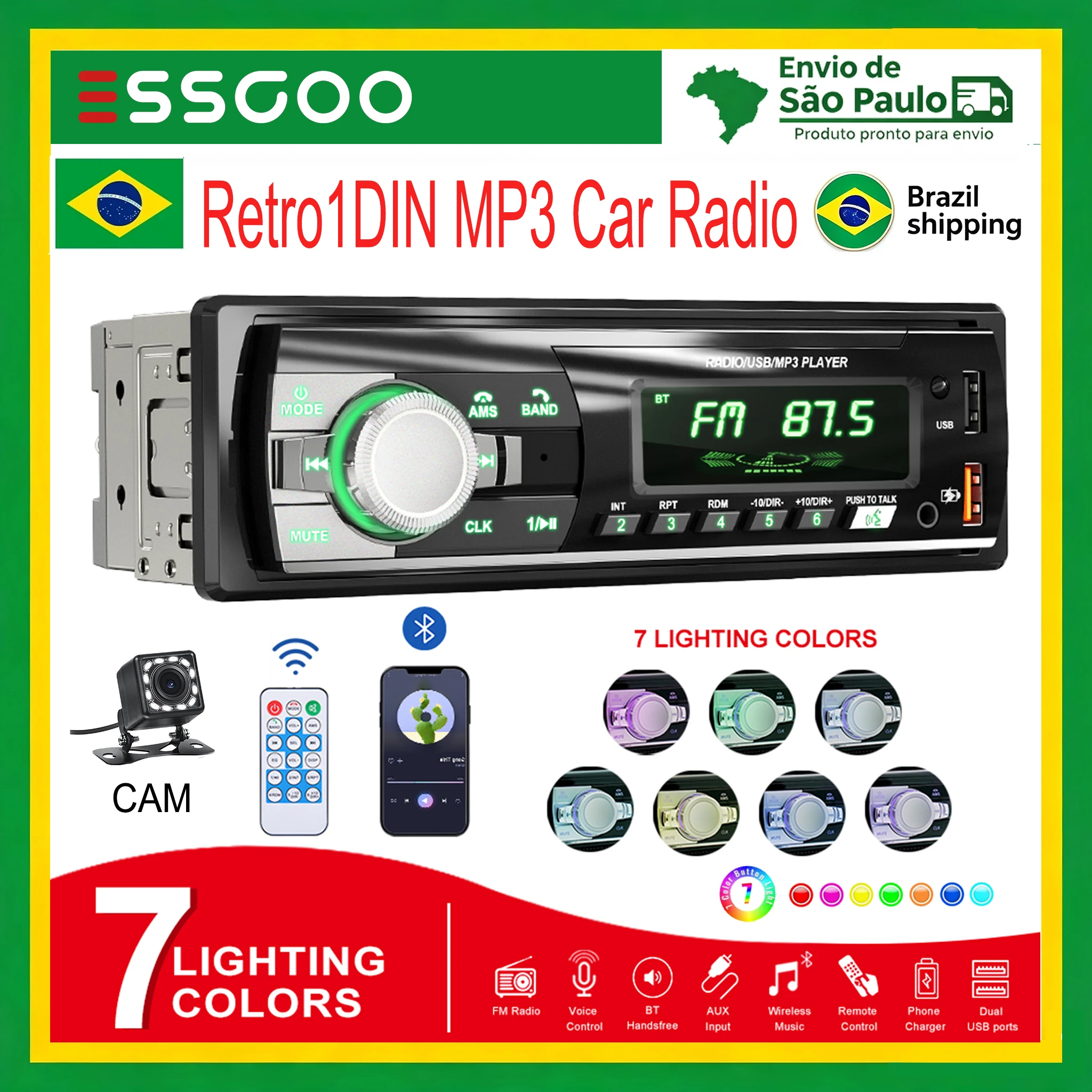 Rádio Automotivo 1DIN Bluetooth com Carregamento Rápido