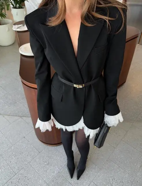 Women's Blazer 2025 Spring Autumn New Solid Color Notched Collar Lace Patchwork Black Temperament Long Sleeve Blazer Coat