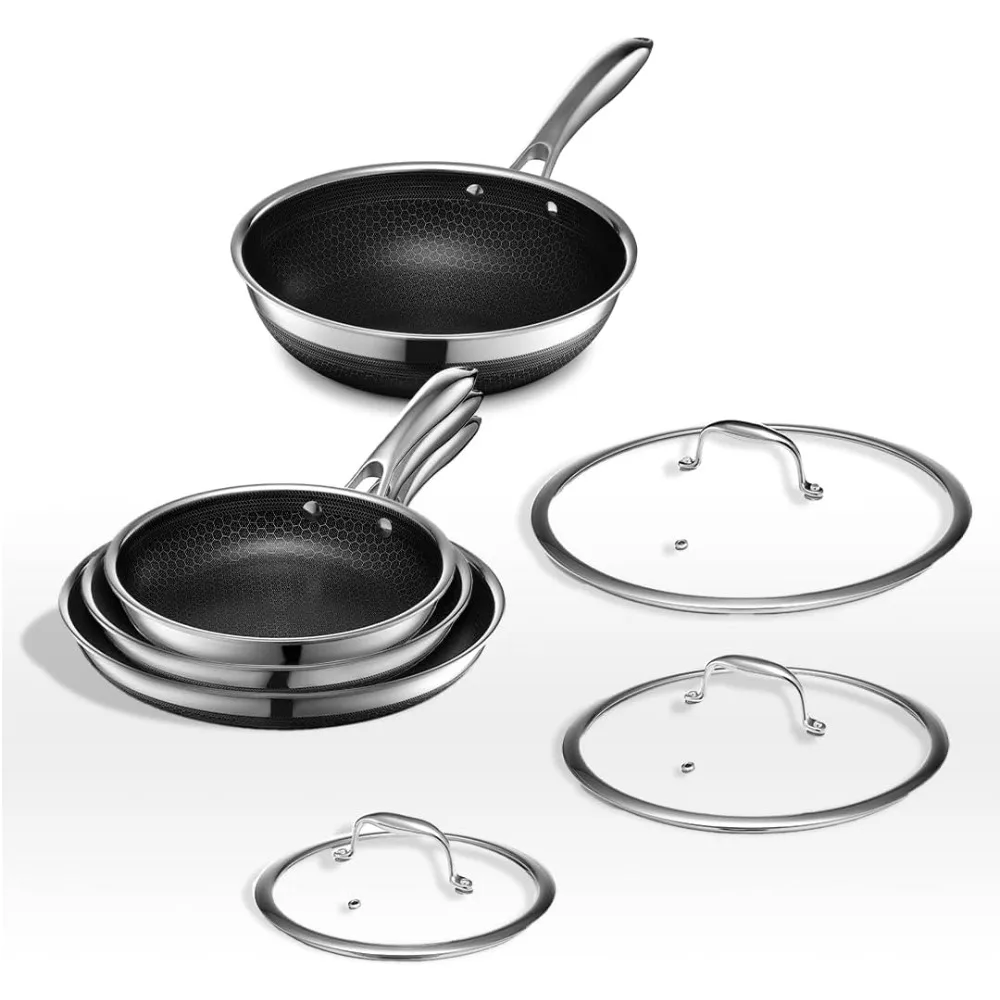 7 Piece Hybrid Stainless Steel Cookware Set - 6 Pc Pan Set with Lids and 10 Inch Wok, Stay Cool Handle, Dishwasher