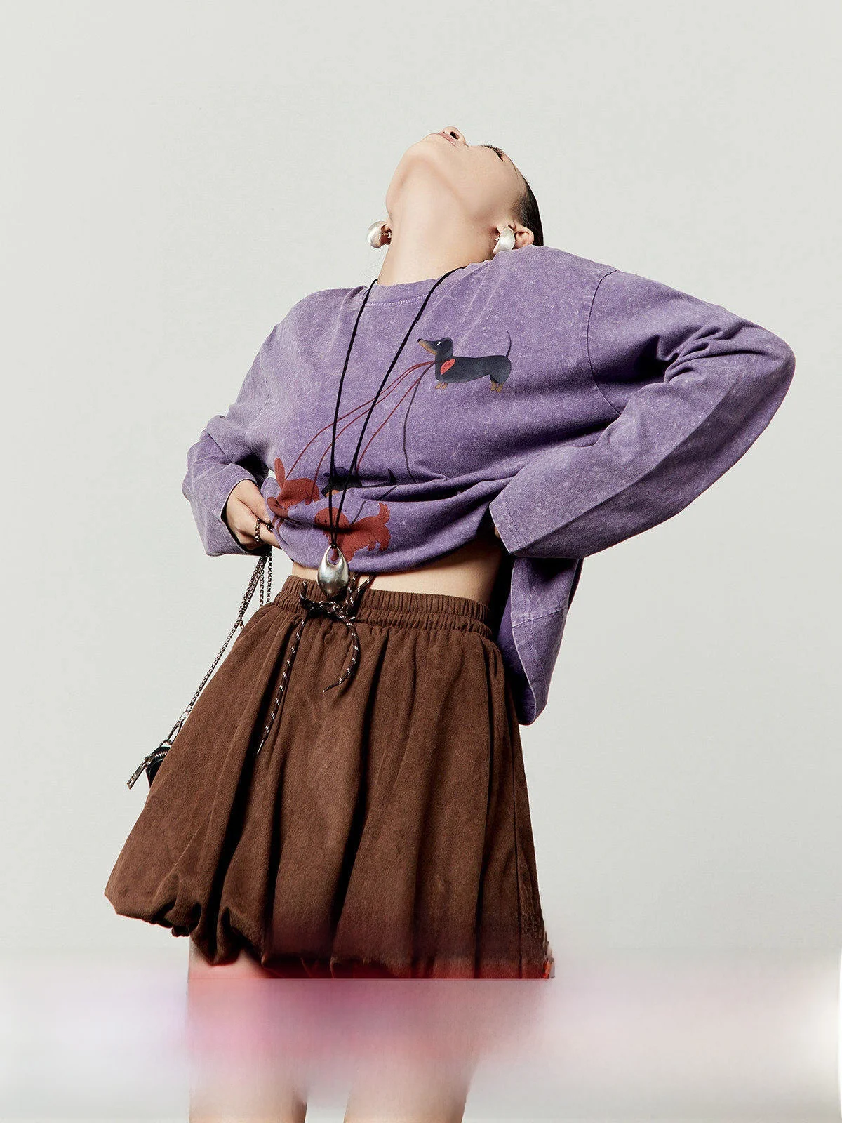 

Purple Long Sve T-irt Women's Casual Loose Fit Dog Walking Print Vintage Sle Comfortable Breathable Cotton Top