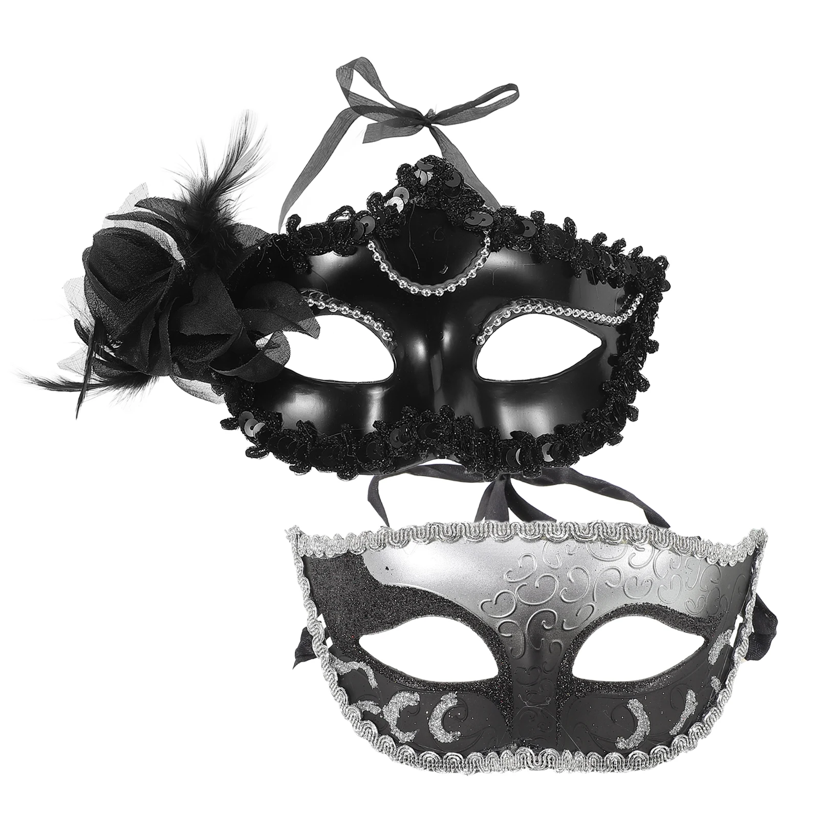 

2Pcs Couple Mask Set Masquerade Party Costume Venetian Makeup Cosplay Plume H held Women Black Silver Pearl Side Flower