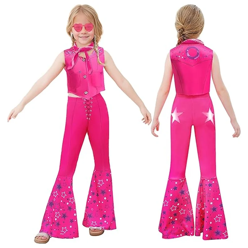 Cowgirl Pink Costume Set Girls Kids Disco Outfits Movie Heroine Dress Up For Children Halloween Cosplay Birthday Party Outfits