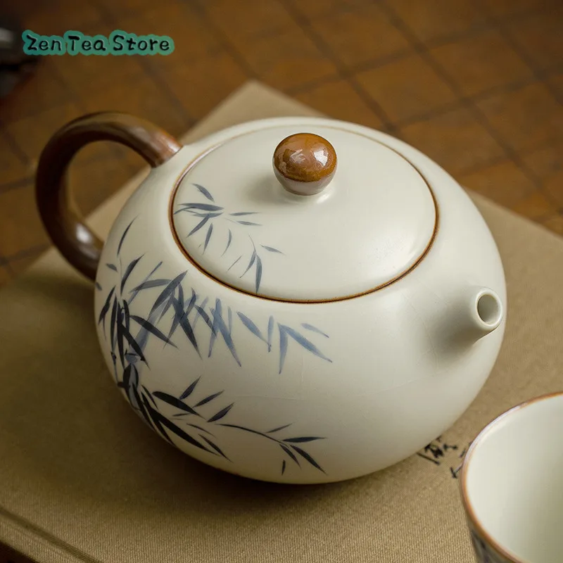 Huang Ru Kiln Pure Hand-painted Ink Bamboo Xishi Pot Drinking Tea Pot Ceramic Home Can Be Raised High-end Kung Fu Tea Set