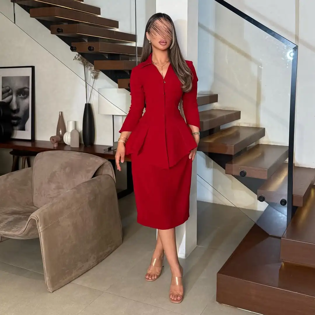 

Customized Two Pieces Long Sleeves Prom Dresses V Neck Evening Dresses Pleated Tea Length Party Dresses