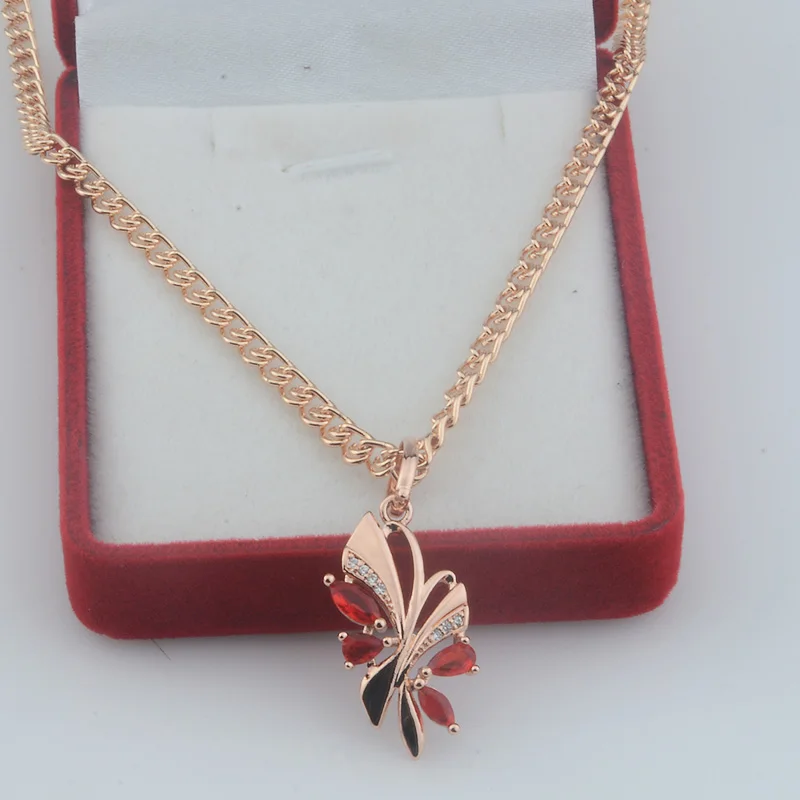 FJ Women Femme 585 Rose Gold Color Red Cubic Zircon Beauty Flowers Pendant Necklace