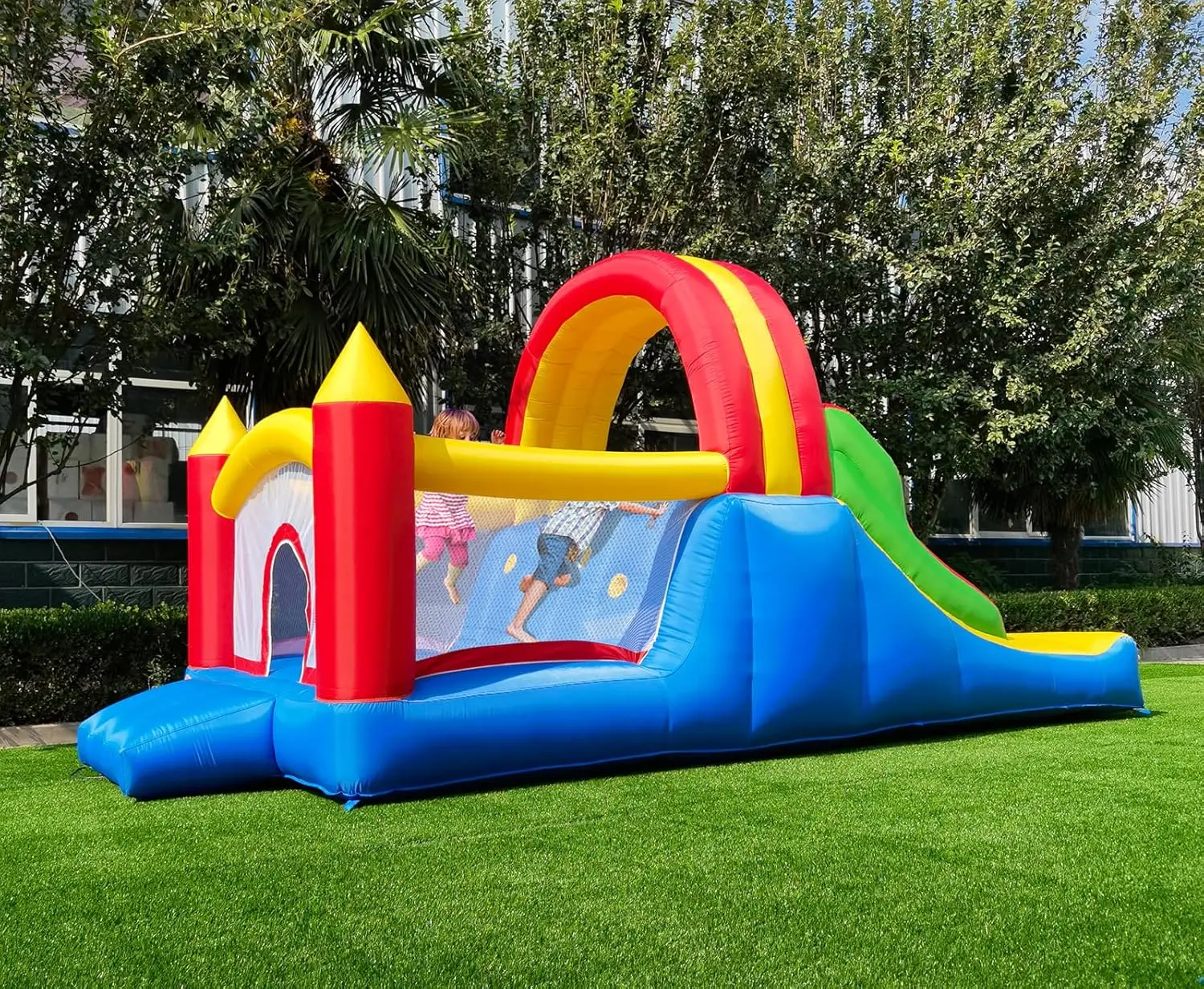 HuaKastro-casa de rebote inflable 3 en 1 para niños, trampolín de arcoíris con 2 toboganes de carreras y pared de escalada grande, 16x7,2 pies