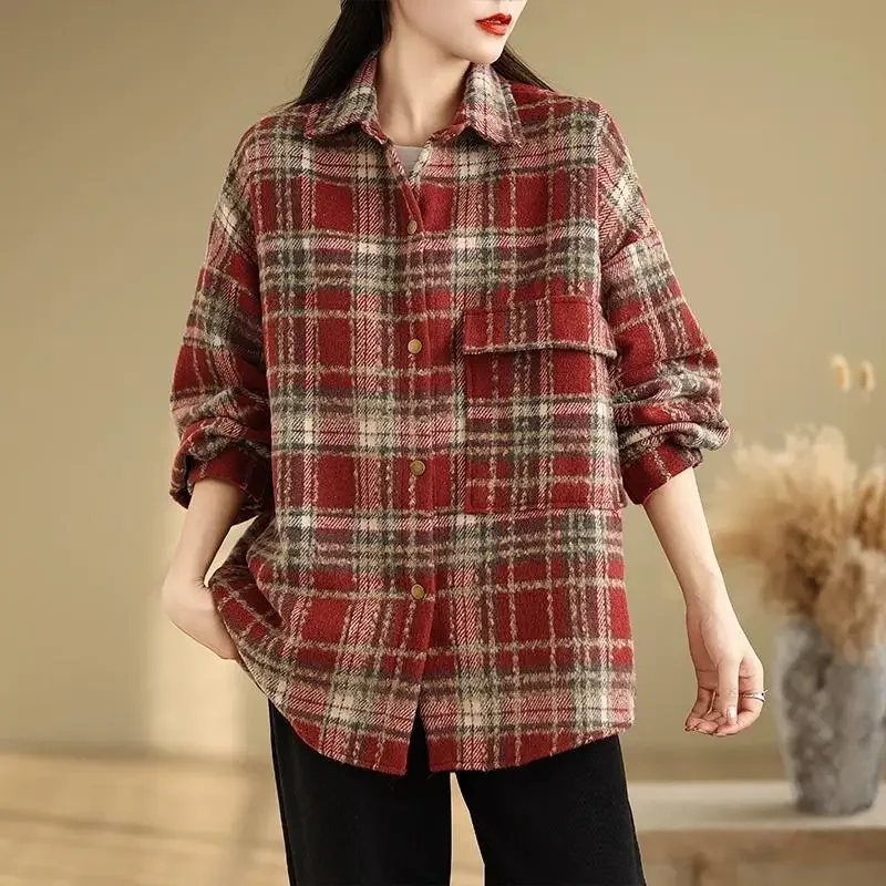 

Dimanaf 2024 New Women Blouse Plaid Warm Coat Jackets Autumn Outerwear Casual Long Sleeve Loose Button Coat