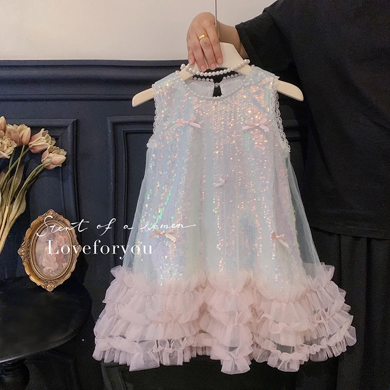

Girls' New Summer Butterfly Sequin High-End Pearl Sleeveless Puffy Princess Dress