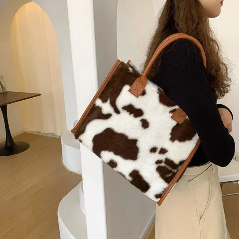 Women Soft Plush Hand Bag New Winter Leopard Cow Print Tote Bags Female Pu Leather Underarm Bags Furry Fluffy Shoulder Bag