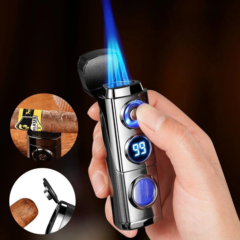 New Creative Blue Flame Cigar Lighter Gas Electric Portable Igniter Windproof Lighter Cigarette Accessories Men's Gift Wholesale