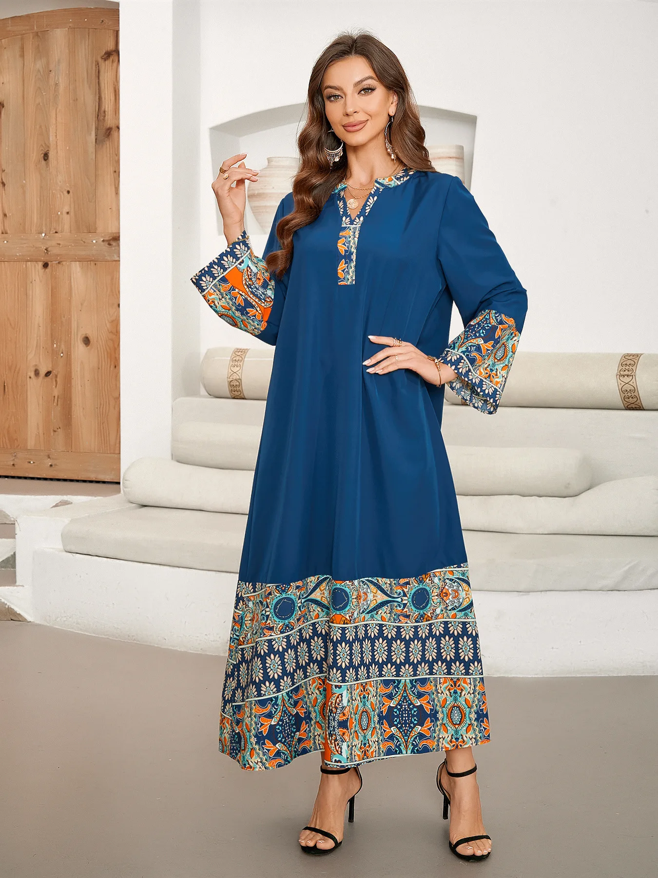 Printed Chiffon V-neck Elegant Bohemian Dresses Patchwork Long Sleeved Dress Middle Eastern Loose Women Fall Pullovers Clothes