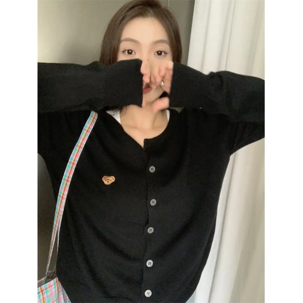 

Women's Korean Style Embroidered Bear Sweater Soft Long Sleeve Knitted Cardigan Top Solid Color Retro Lazy Look Spring Autumn