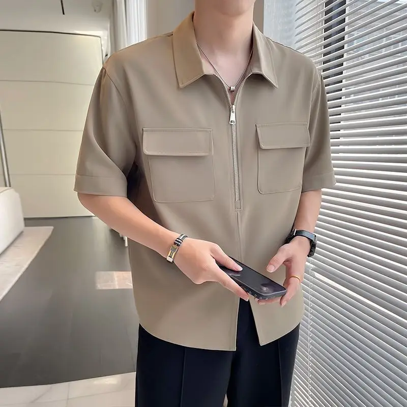 2026 Men's Summer Half Zip Utility Shirt Icy Silk Short Sleeve Top Premium Casual Loose Fit Solid Button Down Streetwear