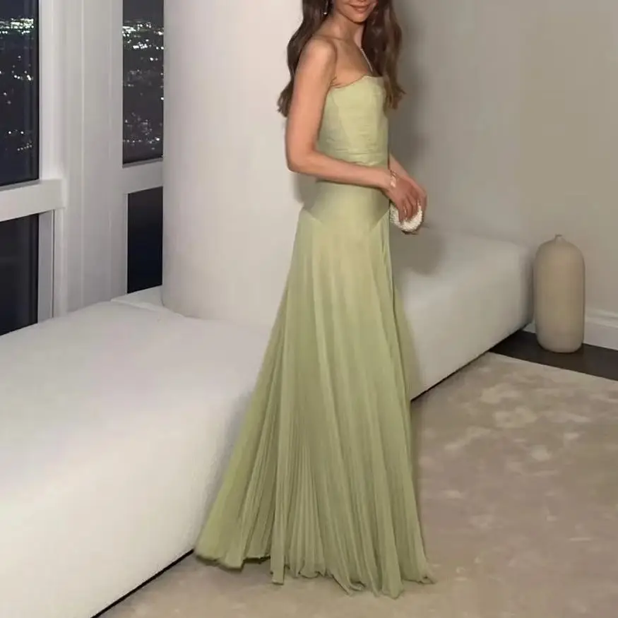 Women Green Strapless Maxi Dress High Waist Pleated Elegant lady Slim party dress