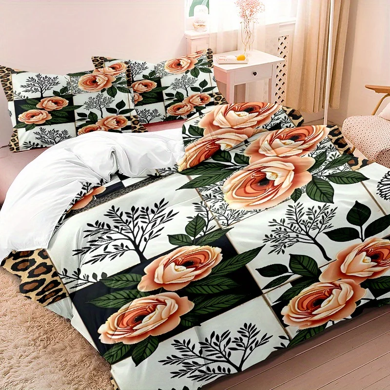 

3pcs Minimalist Modern Duvet Cover Set 3D Checkered Floral Pattern, 1 * Comforter Cover + 2 Pillowcases, No Insert Included