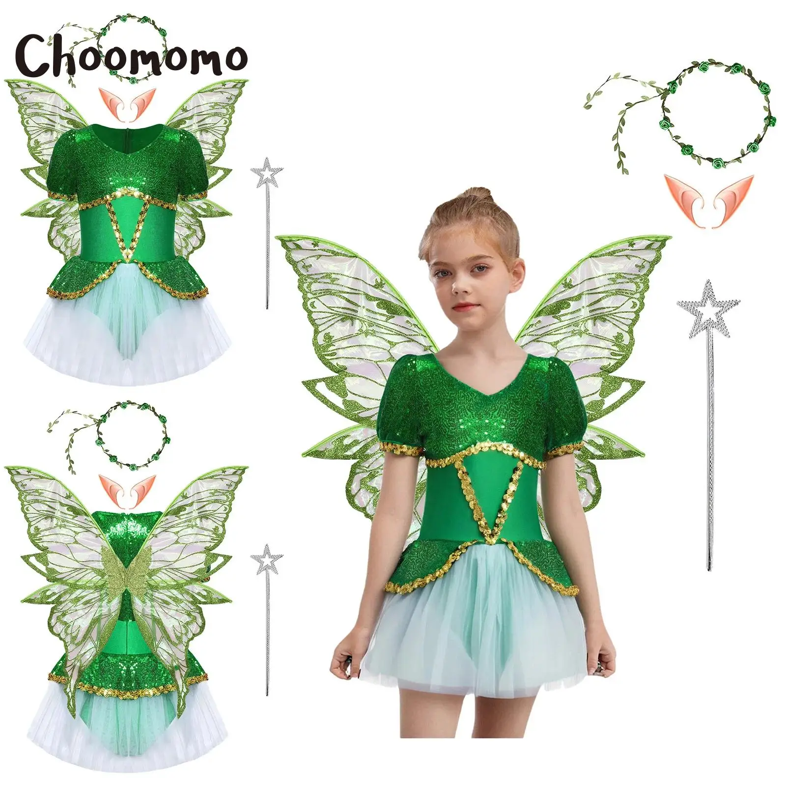 

Костюм сказочного эльфа на Хэллоуин, зеленое платье с блестками для детей, сетчатая пачка для девочек, наряд для балета, танцевальной вечеринки с комплектом крыльев