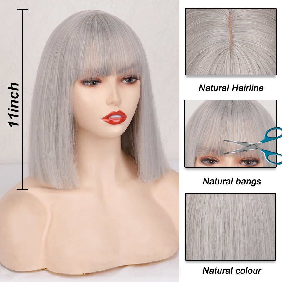 Short Synthetic Silver Gray Bob with Bangs Short Straight Bob Wigs for Women Cosplay Daily Party Red blackpink Wig