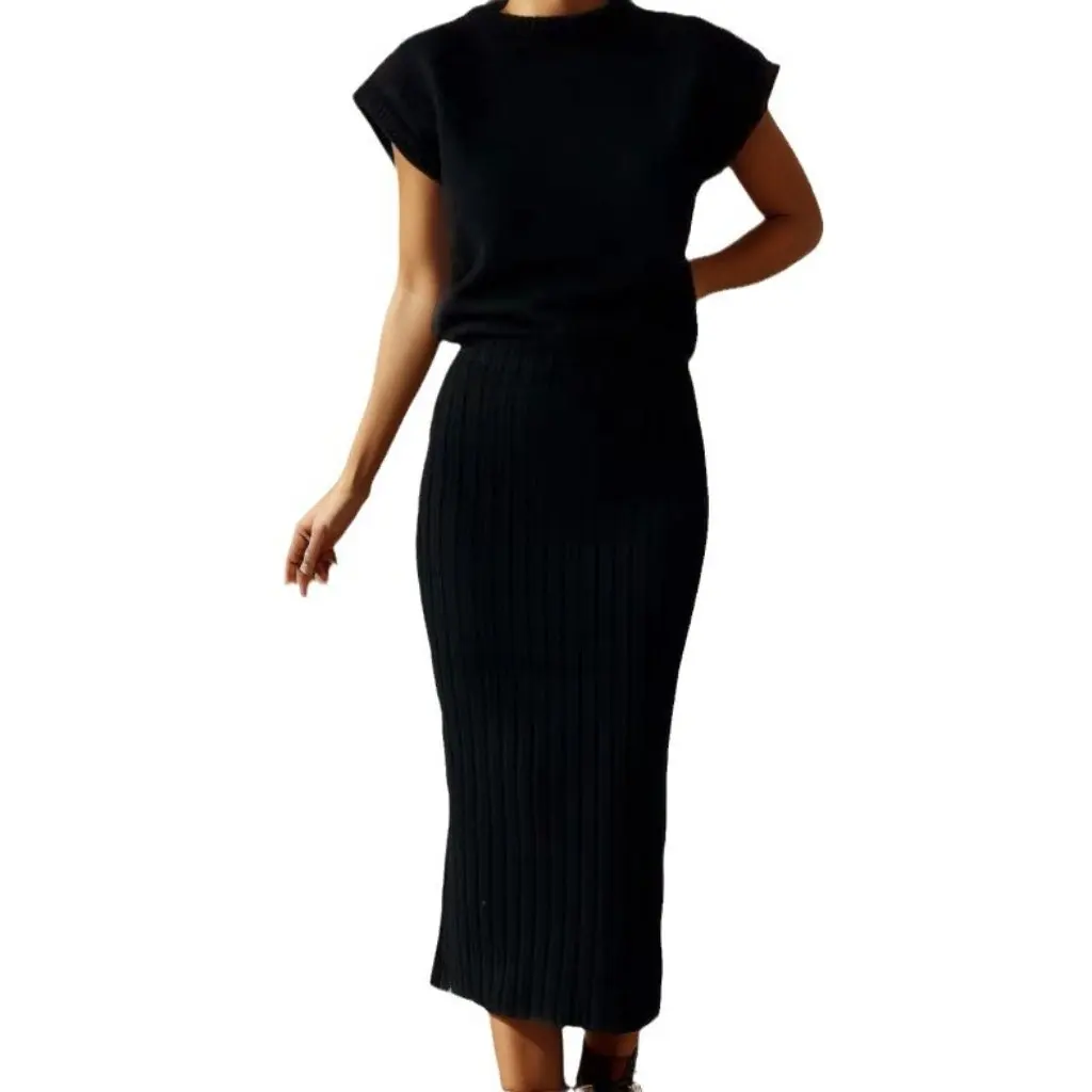 

Осенне-зимний комплект из двух предметов с трикотажной юбкой, костюм овсяного цвета, ленивый стиль, специально для женского модного комплекта