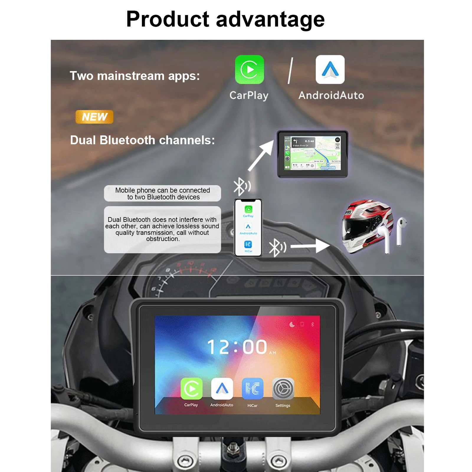 5 Inch Motorcycle CarPlay Waterproof 1000nit External Portable Motorcycle Screen Wireless Android Auto Tire Pressure Display