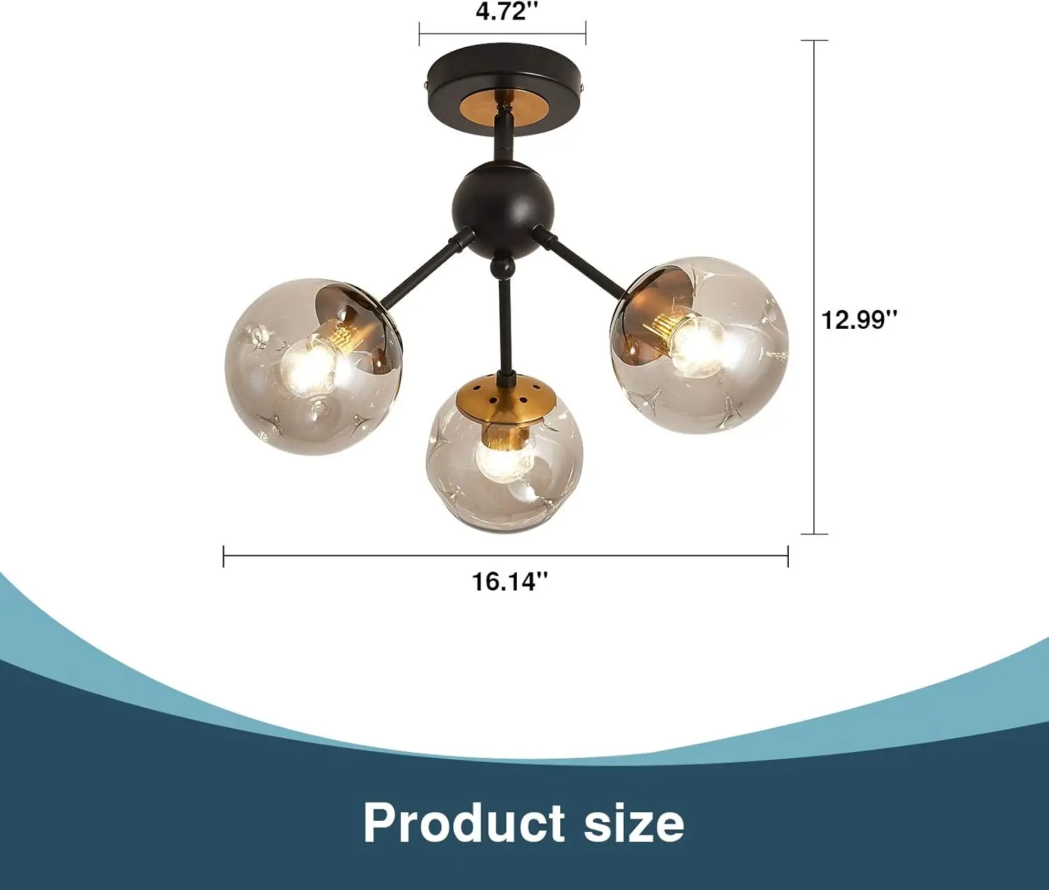 Szxykeji 3-Light Chandelier ，Vintage Semi Flush Mount Ceiling Light Fixture With Glass Globe， Black Ceiling Light For Hallway