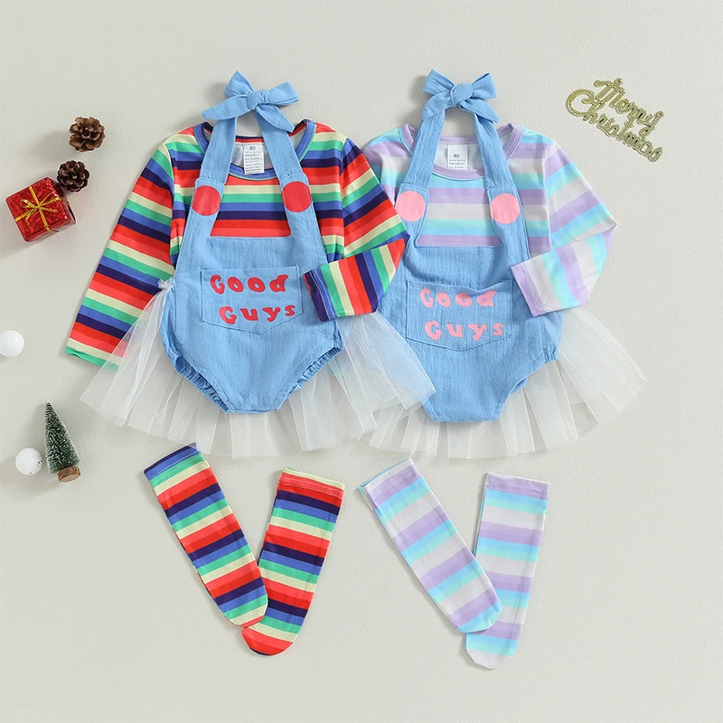 Halloween 9M-5Y Toddler Girl Costume Set Rainbow Stripe Print Long Sleeve Tops + Letter Pattern Romper + Long Socks