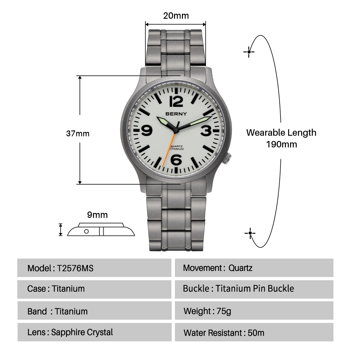 BERNY Titanuhren für Herren, Saphir-Feldsport-Quarzuhr, voll leuchtendes Zifferblatt, wasserdichte Armbanduhr für den Außenbereich – Detail 12