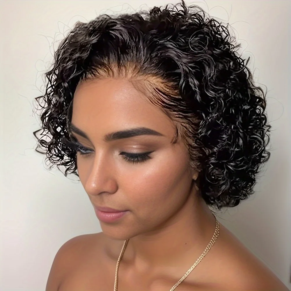 Jerry-Peluca de cabello humano rizado para mujer, Pelo Corto con corte Pixie, ondas al agua, 180% de densidad, Color negro