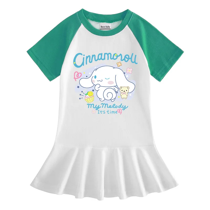 

New Sanrio Children's Summer Clothing Cinnamoroll Cartoon Half Sleeved Cute Girls Dress Students Thin Cotton Anime Pleated Skirt