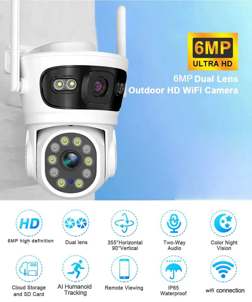 

HFWVISION 6MP PTZ Wifi Camera 360°Dual Lens Dual Screen IP Camera Smart Home Outdoor 4X Zoom IP65 HD CCTV Surveillance Camera