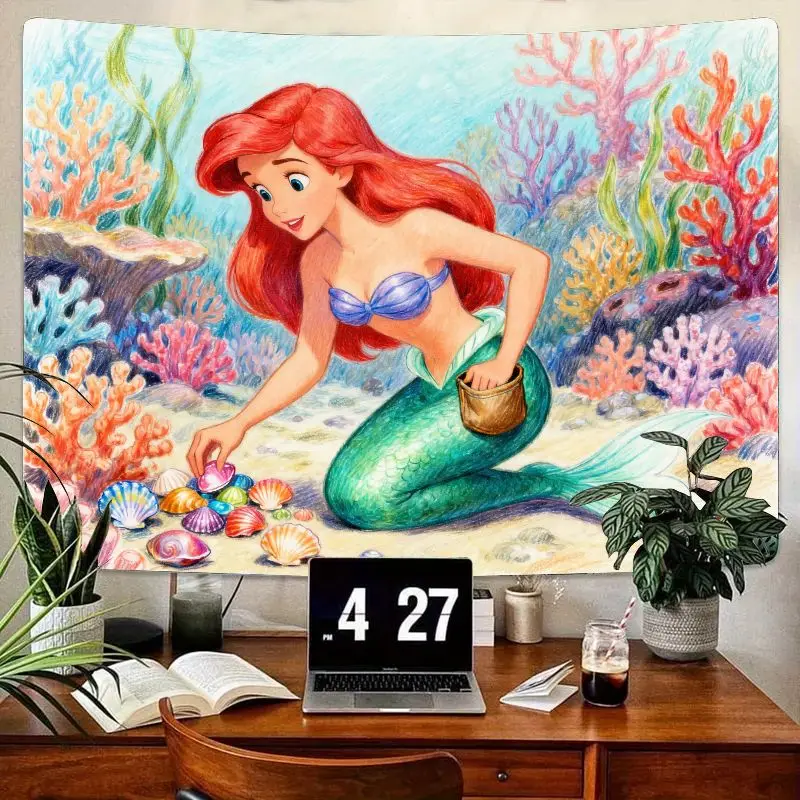 

1PC Disney Ariel Little Mermaid Tapestry, Underwater Seashells Cartoon Wall Art, Polyester Decor for Kids Room Bedroom Living Ro
