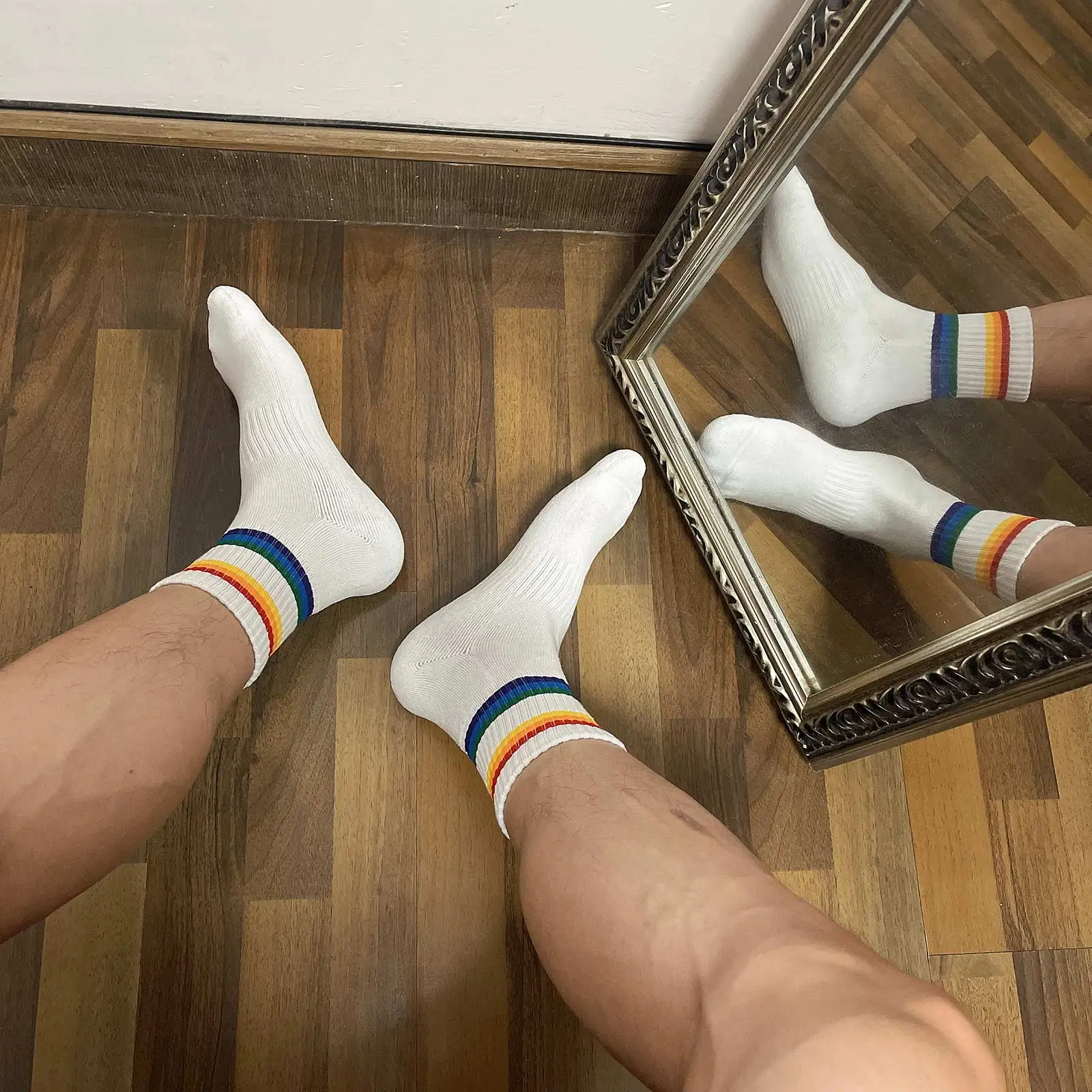 CLEVER-MENMODE Mens Tube Socks Cotton Thicken Rainbow Stripes Sexy Warm Soft Casual hombre Business Towel Bottom Socks