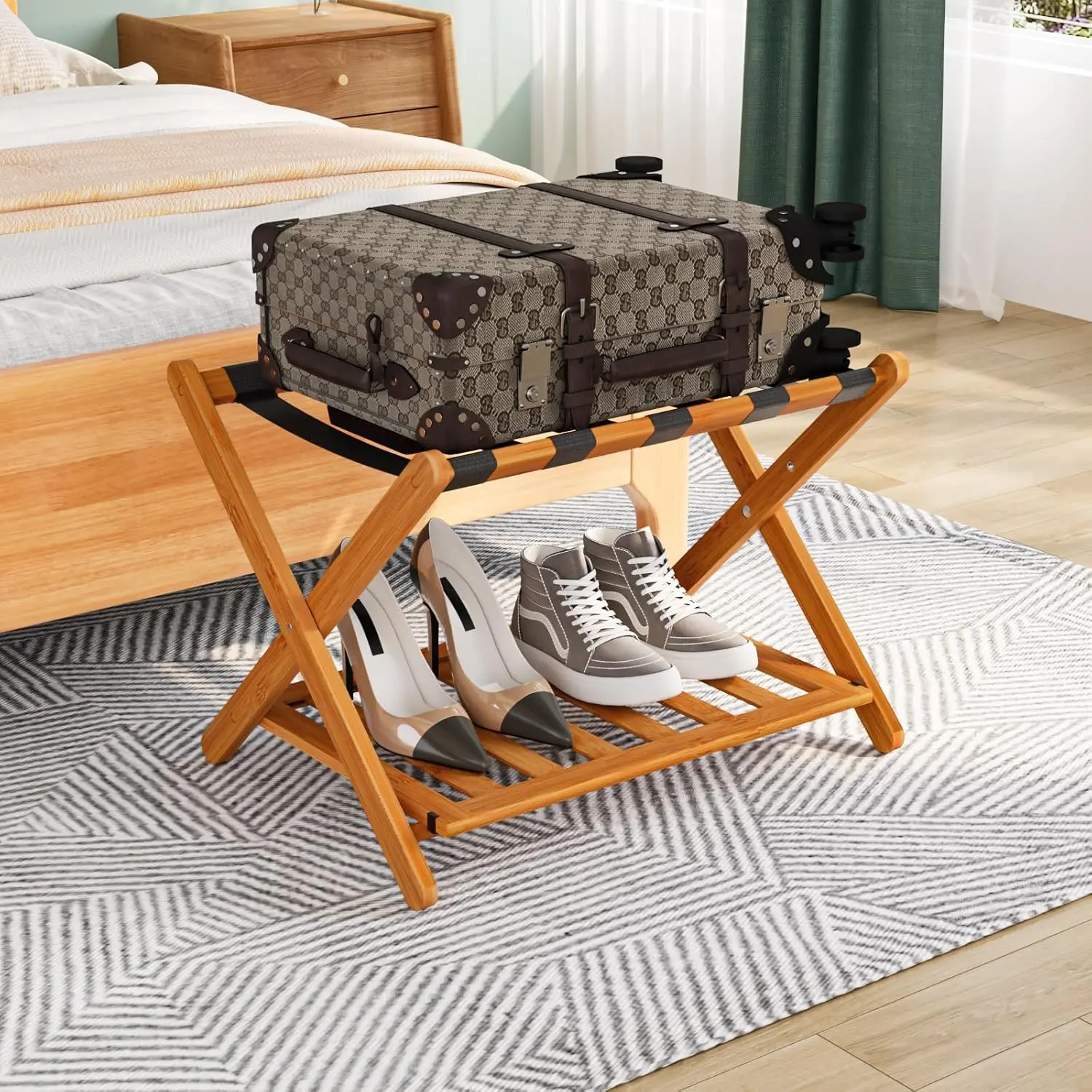 Upgraded Bamboo Foldable Suitcase Stand with 5 Nylon Straps, Luggage Holder with Shelf for Guest Room Bedroom Hotel