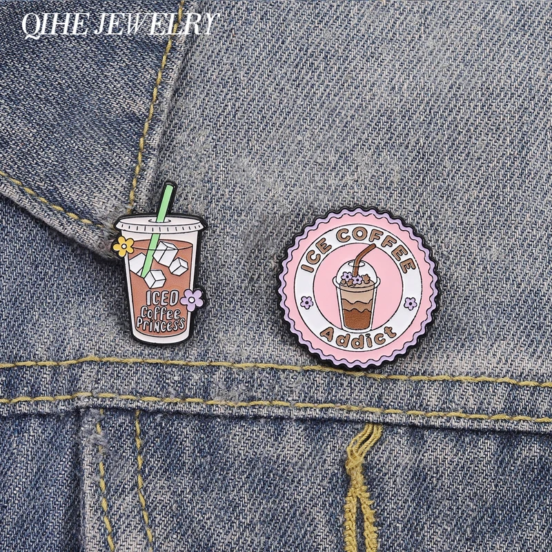 ICE COFFEE Addict Brooch Enamel Pins Custom ICED Coffee PRINCESS Brooches Backpack Lapel Badge Jewelry Gift for Coffee Lovers