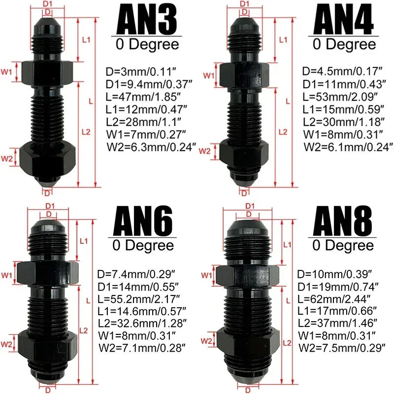 4X 0 Degrees AN3 AN4 AN6 AN8 AN10 AN12 Bulkhead Flare Fitting Union Adapter Fuel Hose Straight Fitting For Tab Rr Wirewall Black